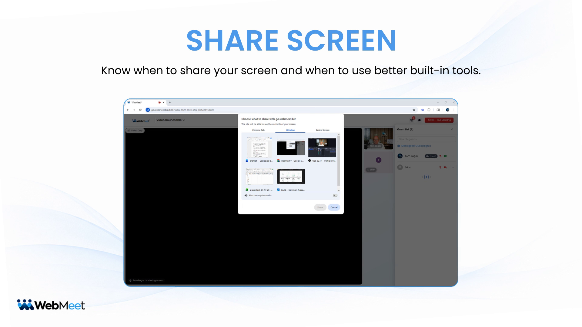 Share Screen in WebMeet,WebMeet share screen tutorial,how to share screen in WebMeet,screen sharing in WebMeet,WebMeet tutorial,WebMeet training,browser based meeting platform,white label meeting platform,online meeting screen share,how to present a website in WebMeet,WebMeet host controls,meeting presenter tools,Present Slides vs Share Screen,Present Videos vs Share Screen,WebMeet meeting tools,screen sharing tutorial,webinar screen sharing