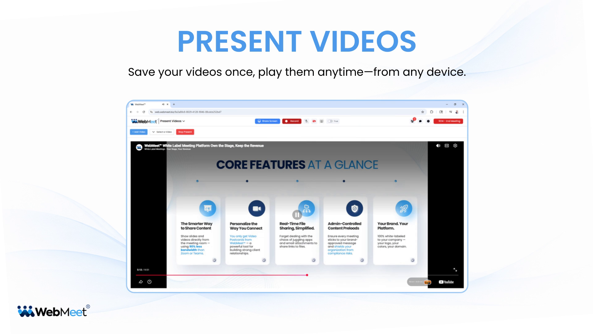 Present Videos,present videos in WebMeet,how to present videos in WebMeet,play YouTube video in meeting,video presentation tool,browser based meeting platform,how to add videos to WebMeet,present video in webinar,meeting room video playback,branded meeting platform,white label meeting platform,WebMeet training,host meeting videos,video sharing in meetings,professional online meetings,meeting presentation software,WebMeet present videos,white-label meetings